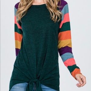 Emerald green color block long sleeve knot top